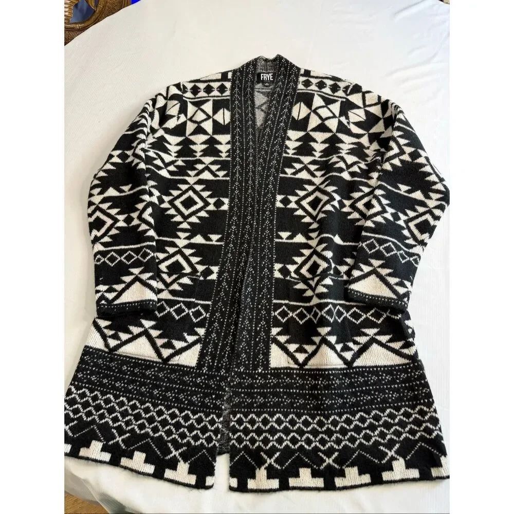 FRYE Women’s Black White Aztec Open Front Cardigan Sweater Size Medium